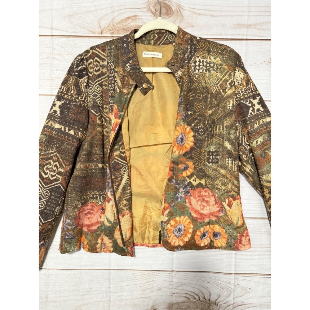 Coldwater Creek Womens 14 Tapestry Jacket Floral Geometric Zip Mock Neck Brown